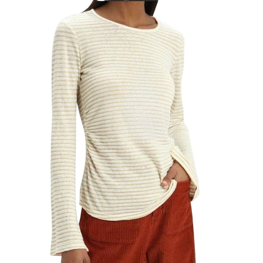 Frame Shirt Women Large Ivory Metallic Gold Striped Linen Blend Split Cuff Tee
